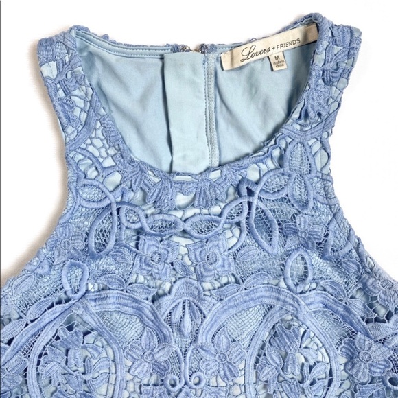 Lovers + Friends Caspian Crystal Blue Shift Dress Embroidery Lace Upper Hi-neck - Picture 14 of 17